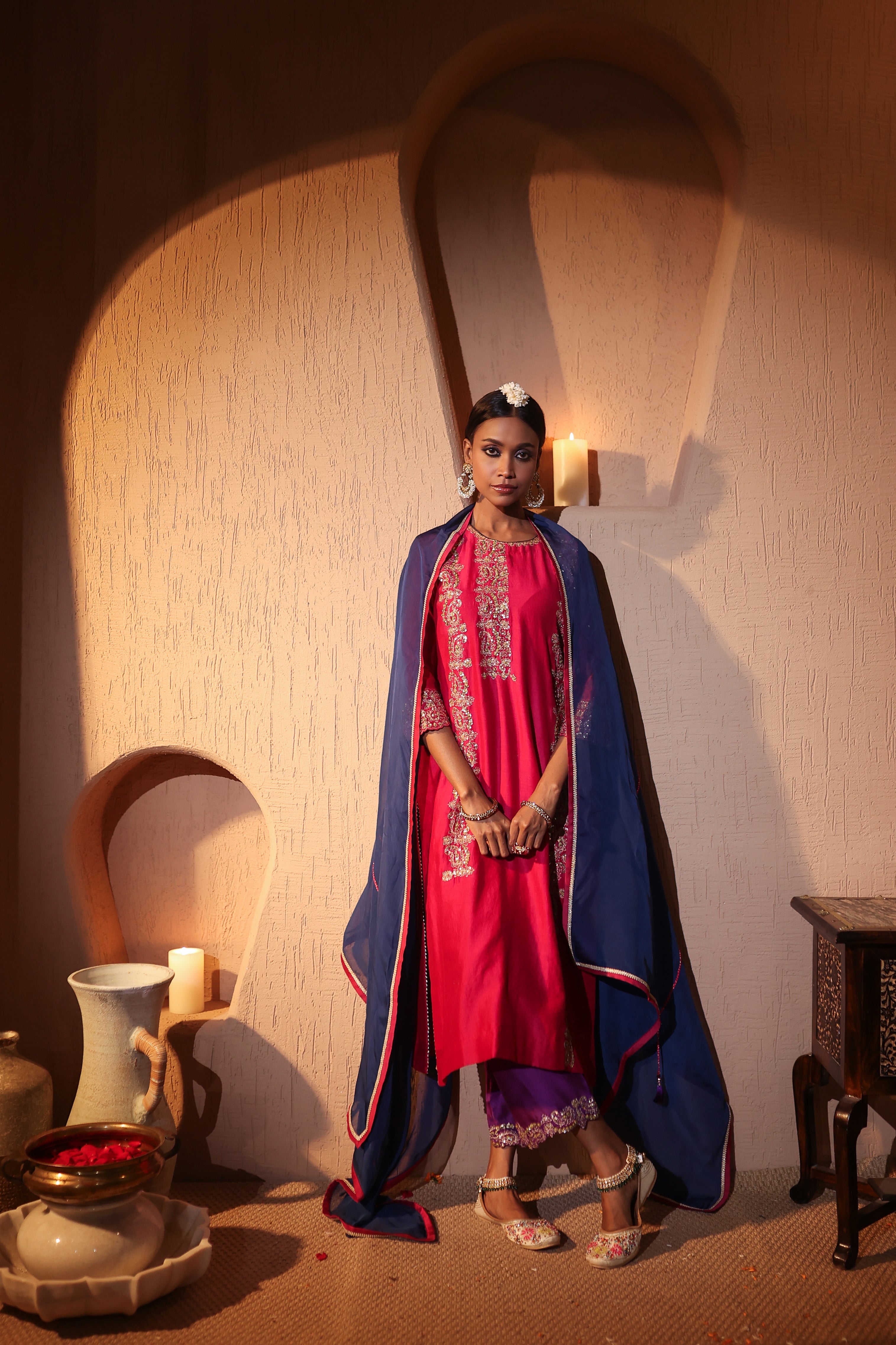 Model wearing red Chanderi suit with aari tari embroidery from Jashn-e-Ishq Collection by House of AAS