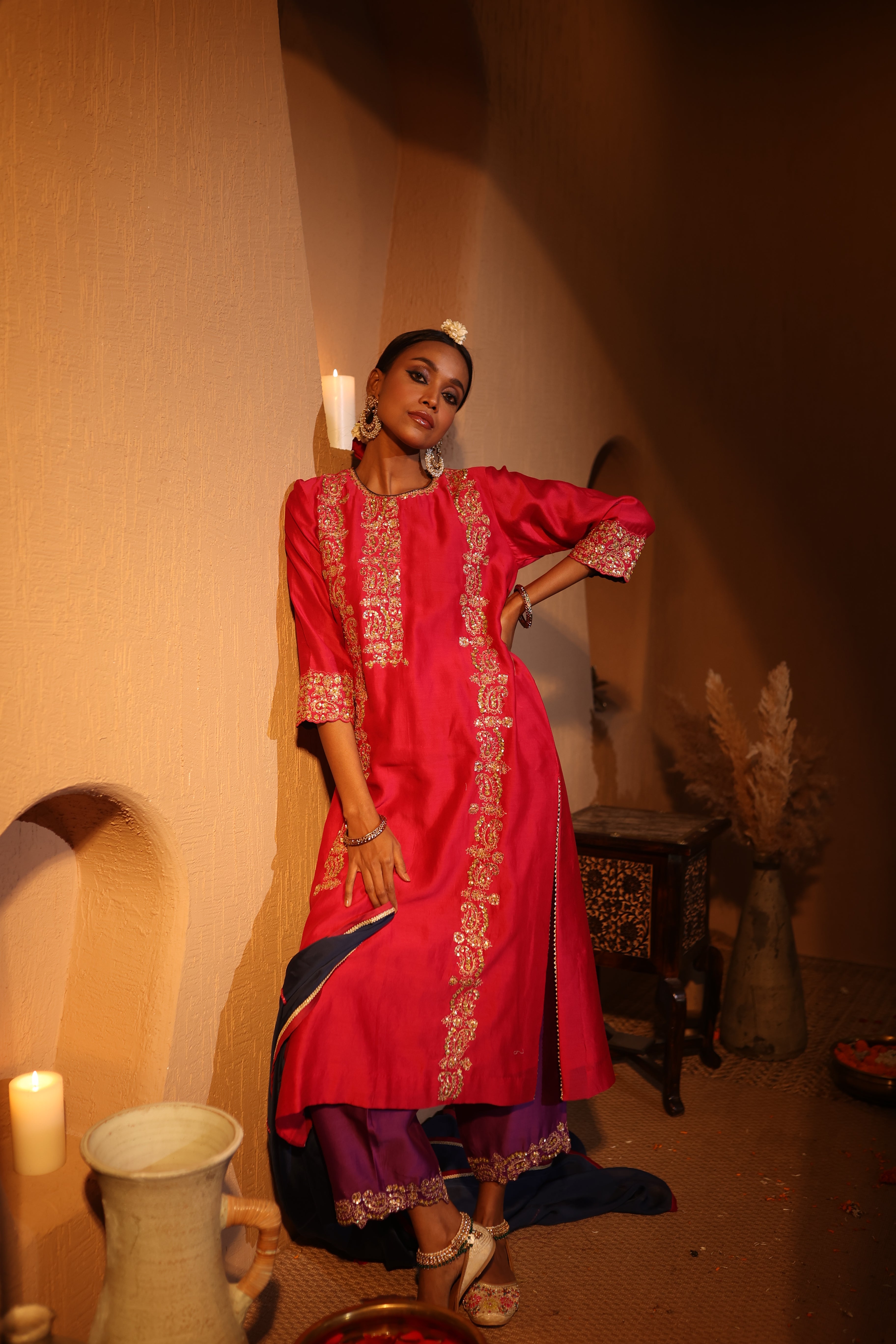 Red festive Chanderi kurta set with handcrafted embroidery from House of AAS
