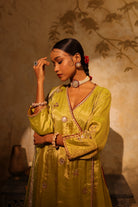 Luxury lime green silk tissue kurta with dupatta & pants, perfect ethnic outfit for weddings & parties.