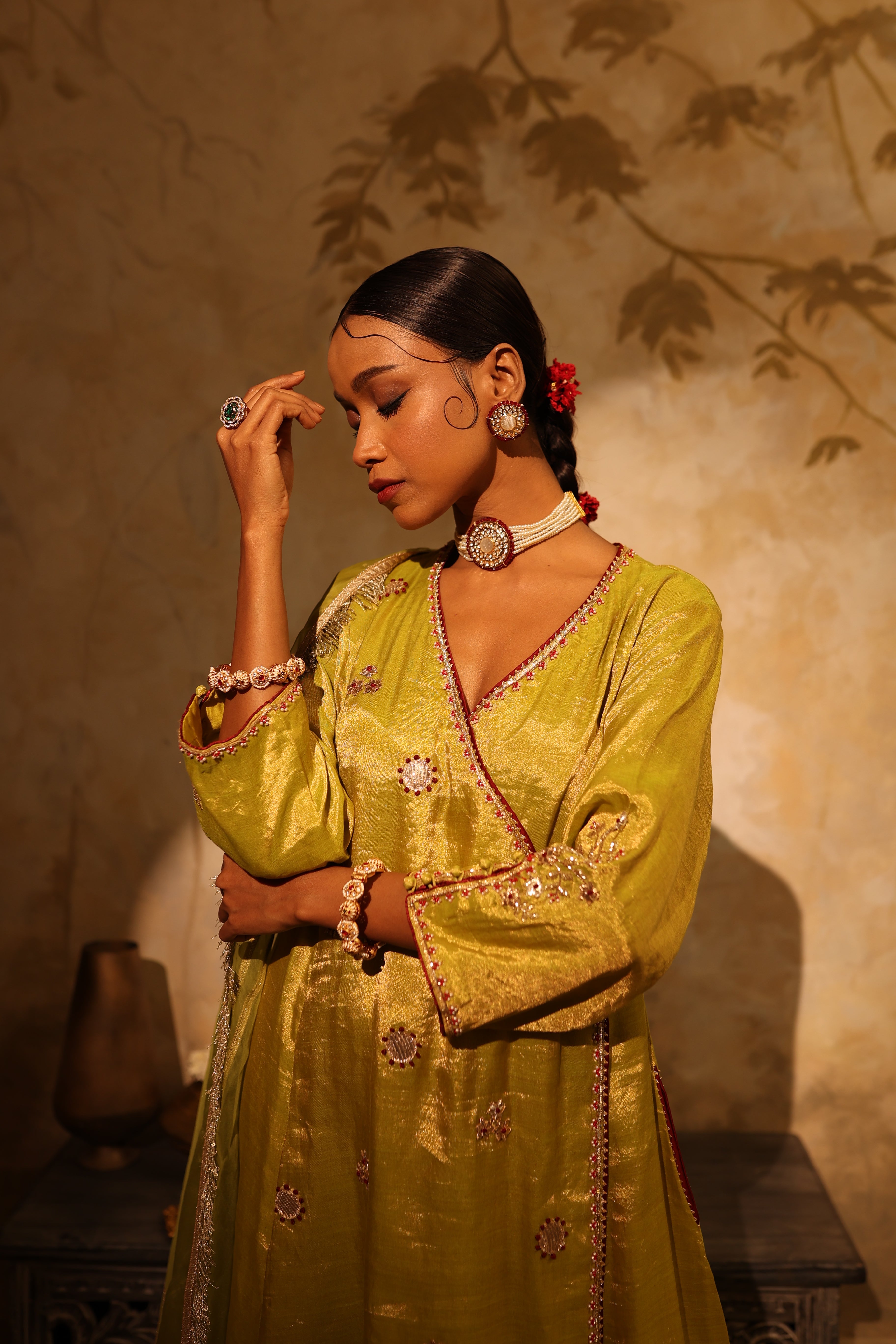 Luxury lime green silk tissue kurta with dupatta & pants, perfect ethnic outfit for weddings & parties.