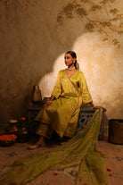 Festive lime green silk tissue kurta set with gota embroidery, pants & dupatta for weddings.
