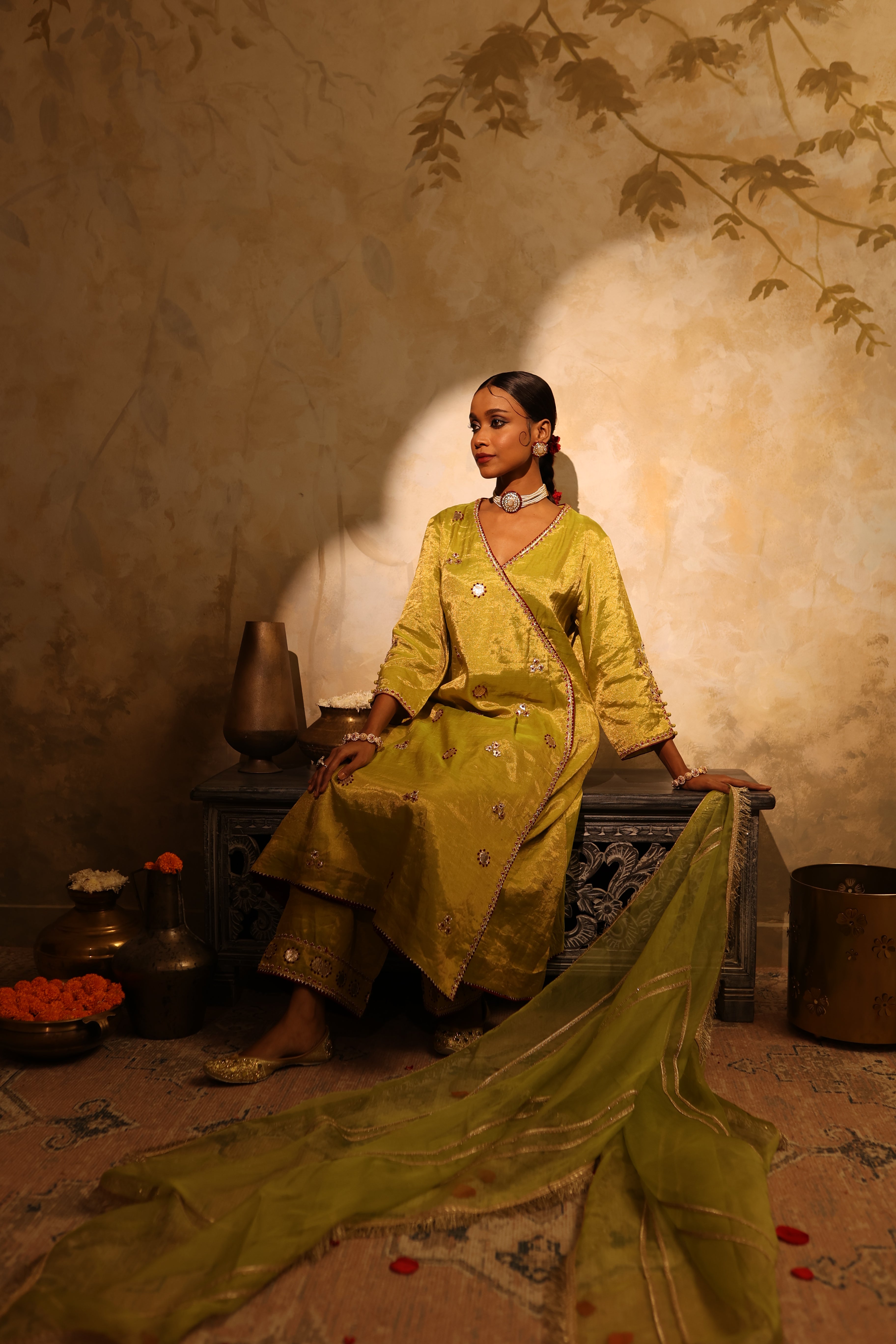 Festive lime green silk tissue kurta set with gota embroidery, pants & dupatta for weddings.