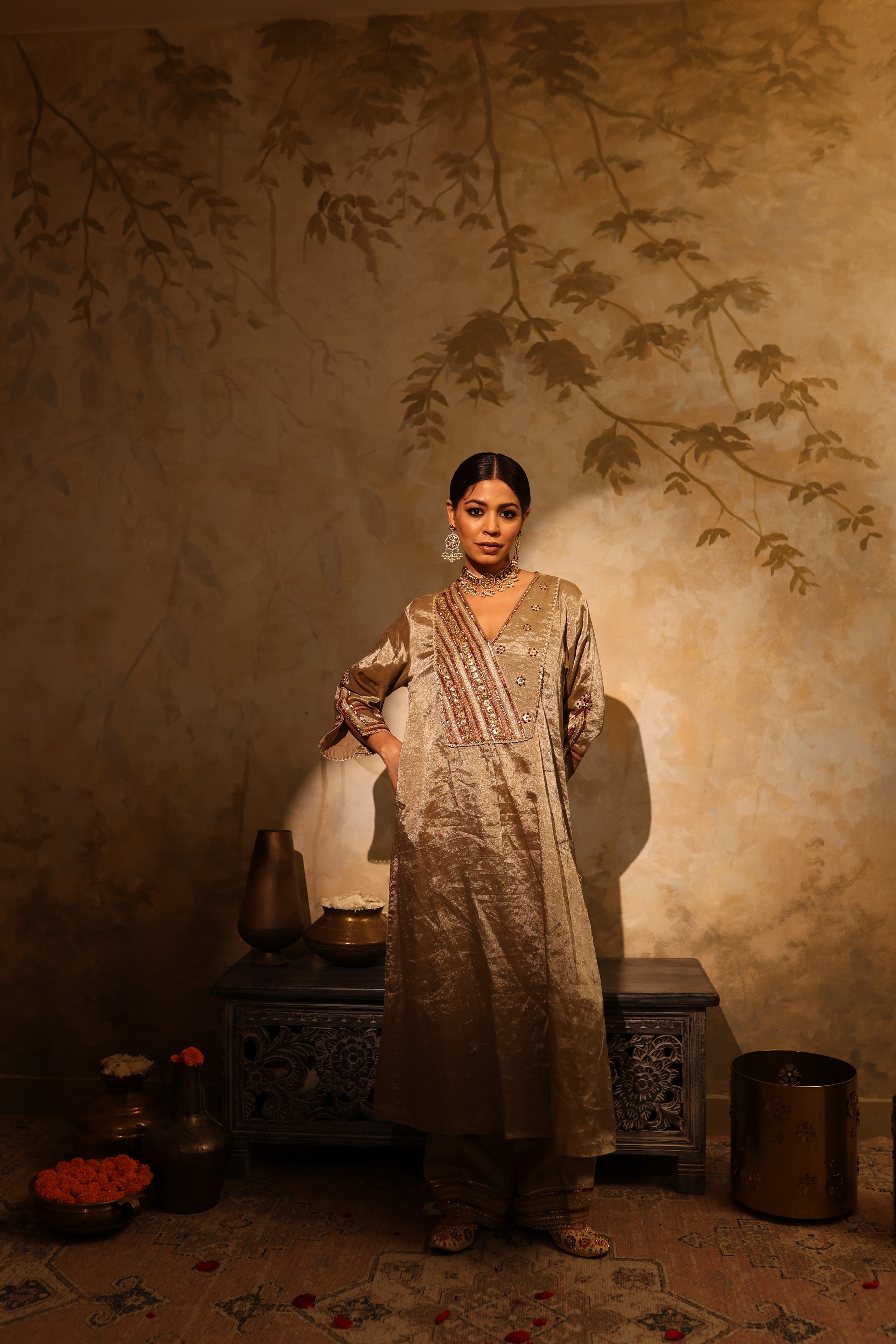 Antique silver silk tissue kurta set with intricate gota, sequin, dabka and resham embroidery, paired with dupatta – timeless festive outfit.