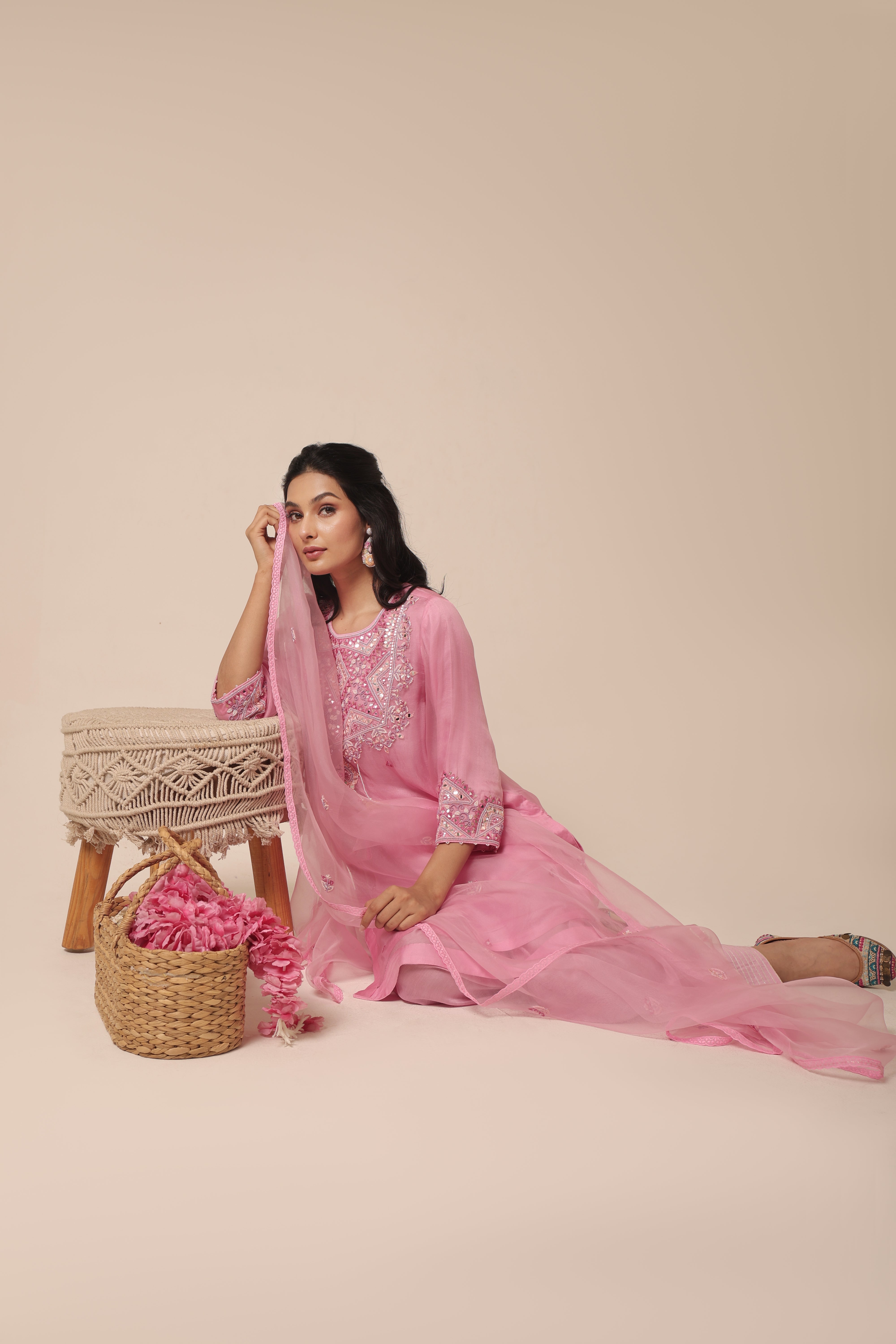 Pink organza kurta set with mirror embroidery and farshi salwar from Jhilmil Collection – House of AAS.