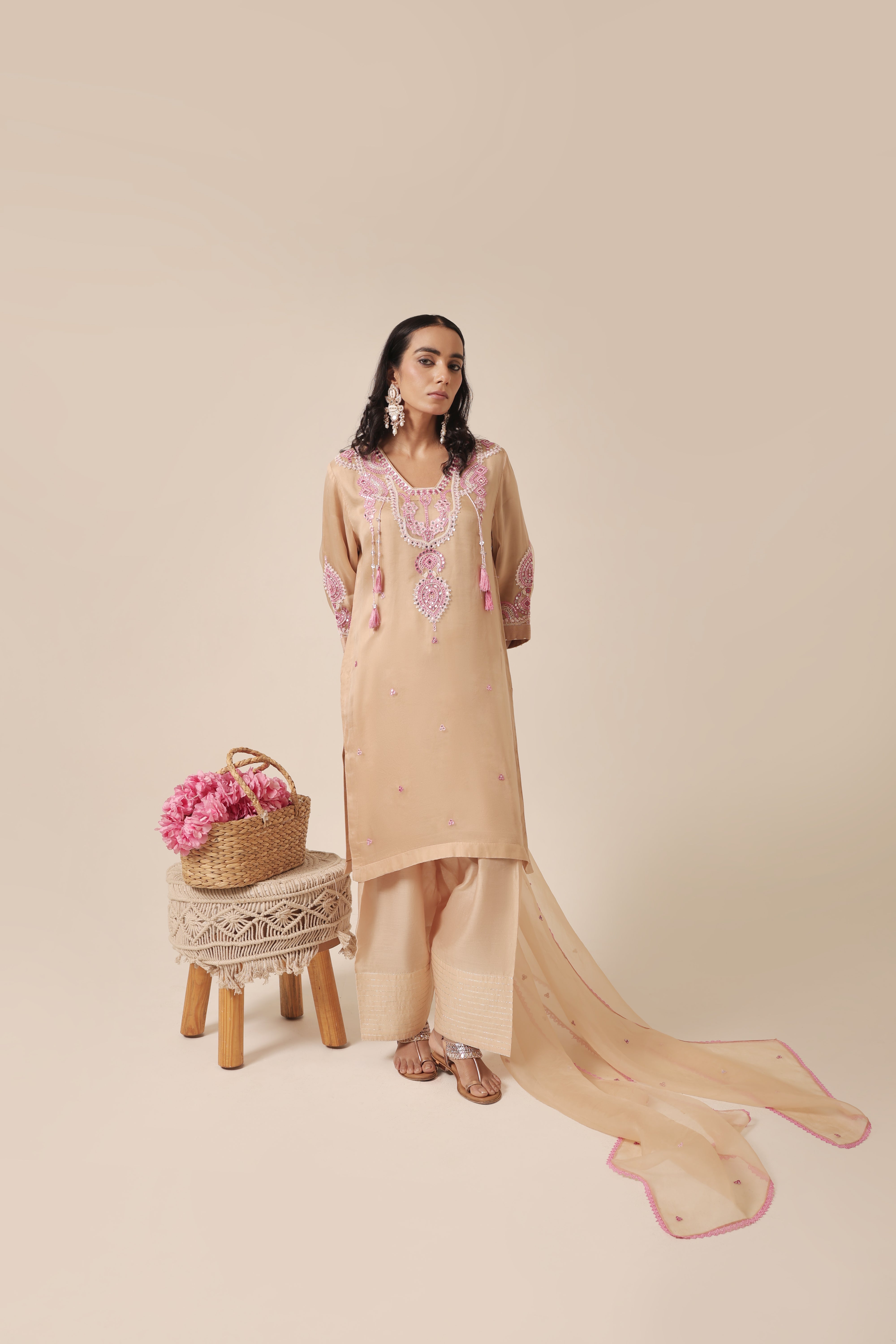 Beige silk organza kurta with mirror embroidery from Jhilmil Collection by House of AAS