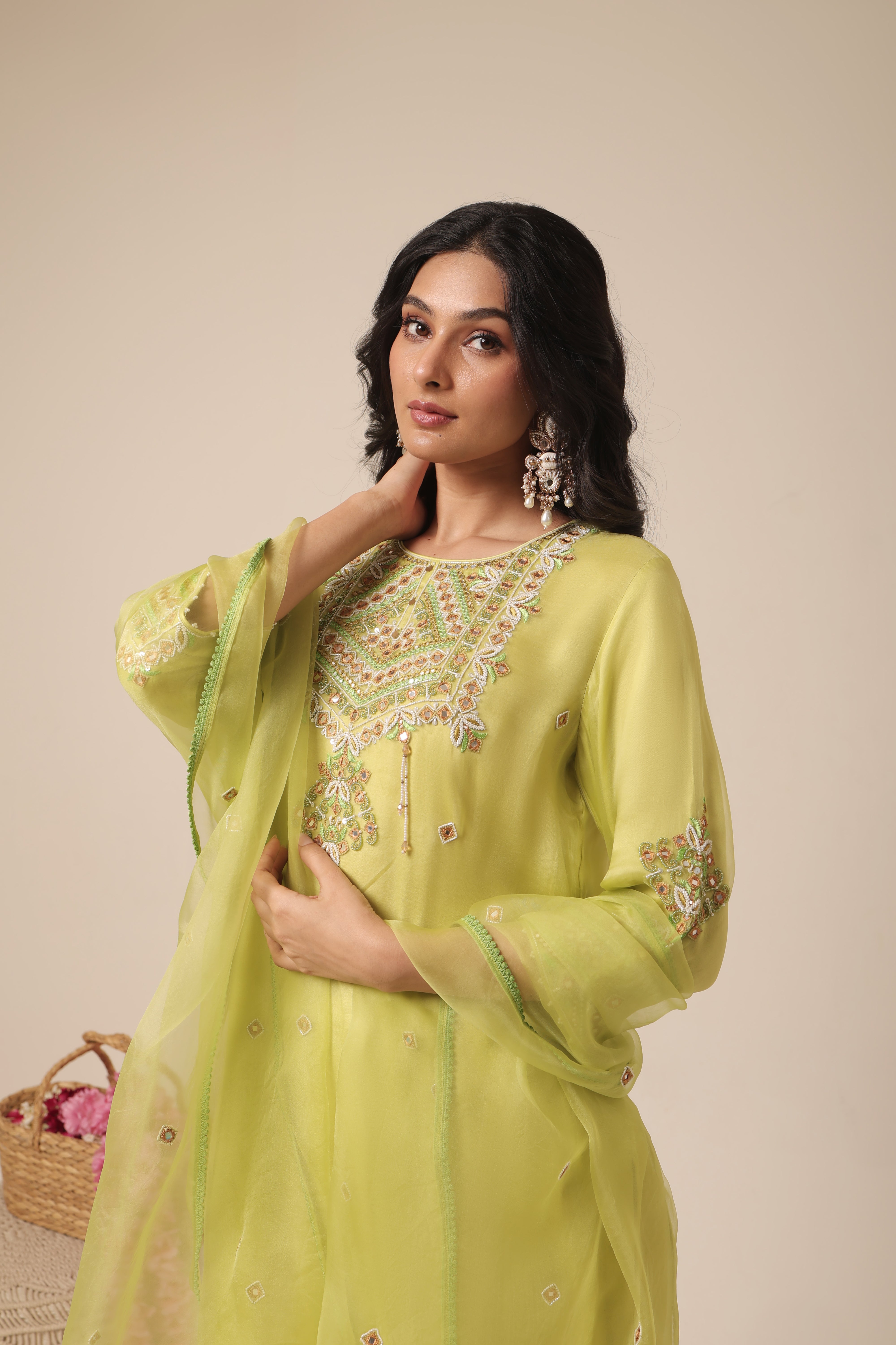Model wearing lime green silk organza kurta with mirror embroidery – Jhilmil Collection by House of AAS