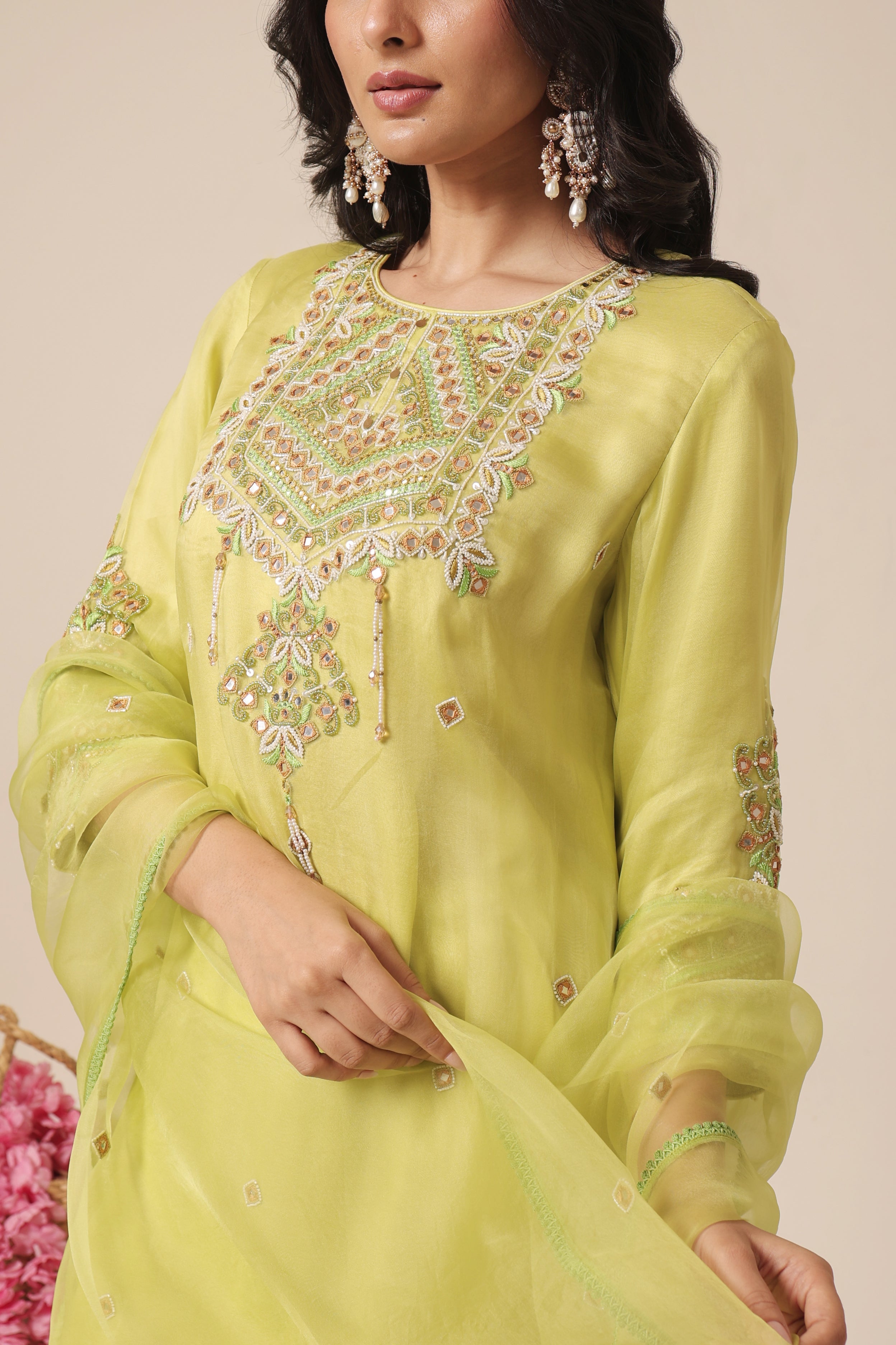Close-up of mirror and resham embroidery on lime green silk organza kurta – House of AAS