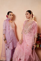 Model wearing lavender tissue silk kurta with intricate gota embroidery, paired with regal farshi salwar and dupatta – Sunehri Gota Collection by House of AAS.