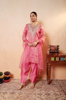 Model wearing pink silk striper tissue kurta with gota embroidery, paired with traditional farshi salwar and dupatta – Sunehri Gota Collection by House of AAS.