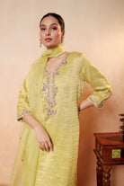 Model wearing lime yellow silk striper tissue kurta with gota embroidery, styled with traditional farshi salwar and dupatta – Sunehri Gota Collection by House of AAS.