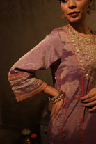 Elegant mauve silk tissue kurta set with embroidery, pants & dupatta for weddings.