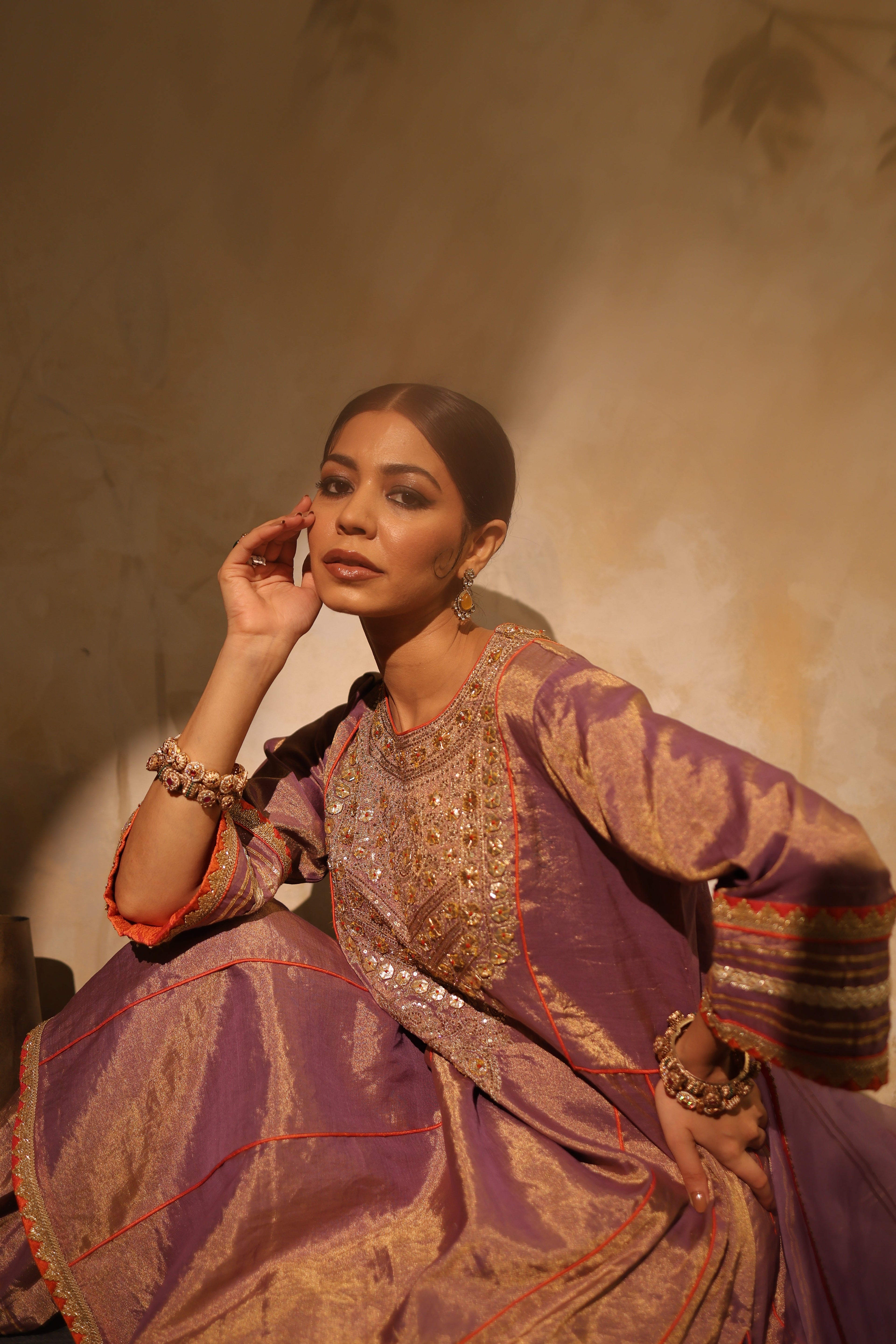 Luxury mauve silk tissue kurta with organza dupatta—festive & wedding outfit.