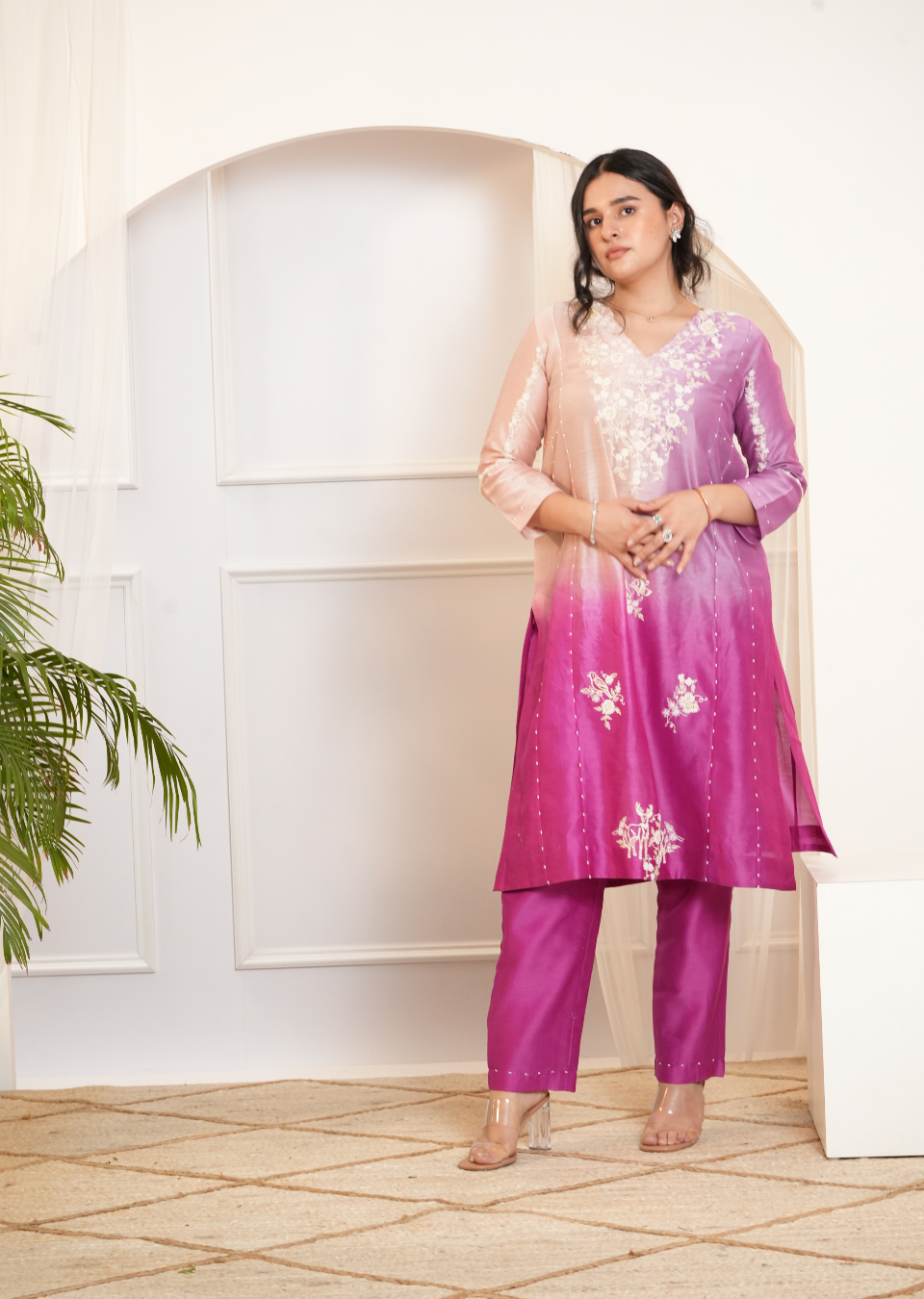 Model wearing a pink & peach ombre silk chanderi kurta set with off-white dori and bead embroidery — festive ethnic outfit.