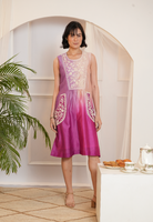 Model wearing a pink & purple ombre silk chanderi sleeveless dress with off-white dori and bead embroidery — festive fusion outfit.