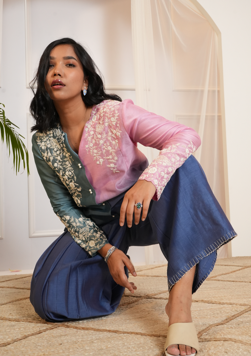 Model wearing a pink & blue ombre silk chanderi co-ord set with off-white dori and bead embroidery — festive & wedding outfit.