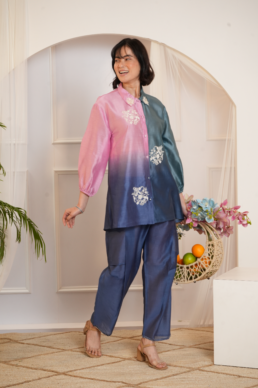 Model wearing a pink & teal ombre silk chanderi co-ord set with off-white dori and bead embroidery — festive ethnic outfit.