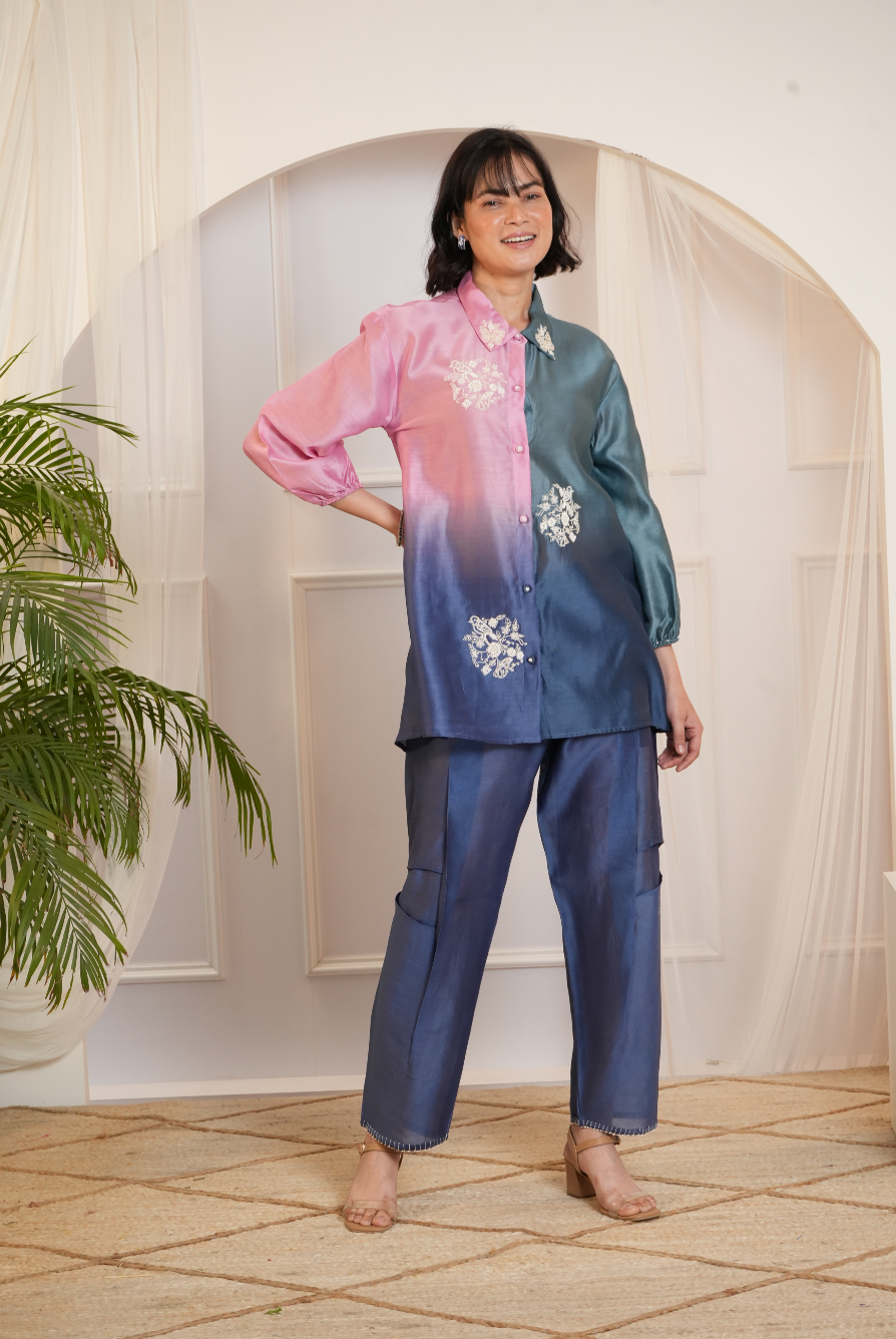 Model wearing a pink & teal ombre silk chanderi co-ord set with off-white dori and bead embroidery — festive ethnic outfit.